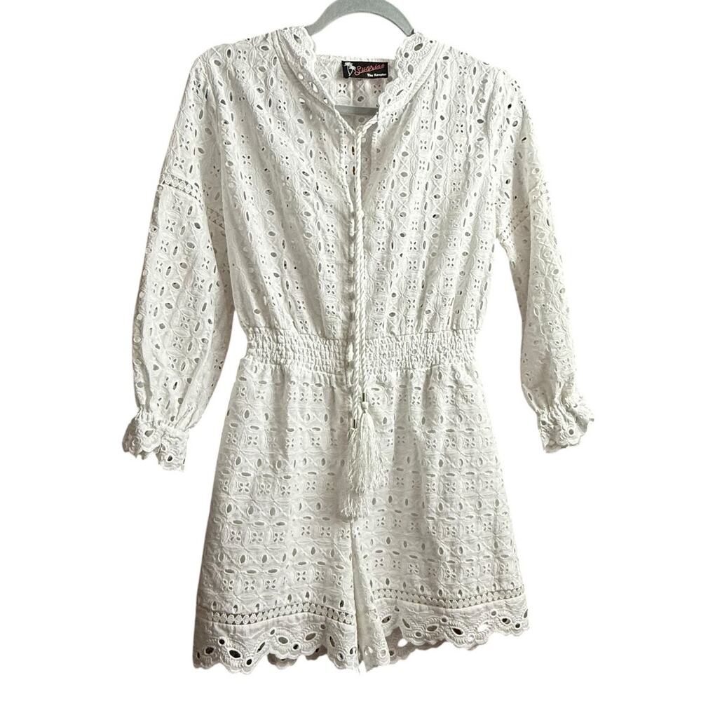 The Kooples Sunrise White Eyelet Lace Romper S Boho Tassel Smocked Waist CoverUp